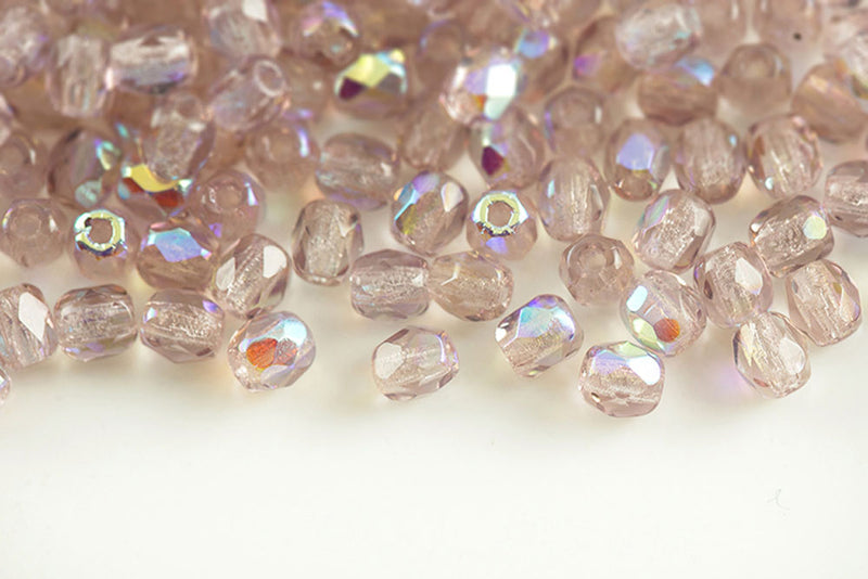 Czech Fire Polished 3mm Lt.Amethyst AB Round Beads