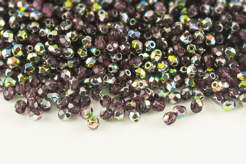 Czech Fire Polished 3mm Amethyst Vitrail Round Beads