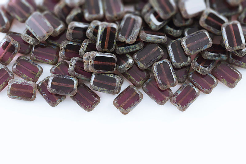 Rectangle 12×8mm Dark Amethyst Travertin 1-Hole Czech Beads