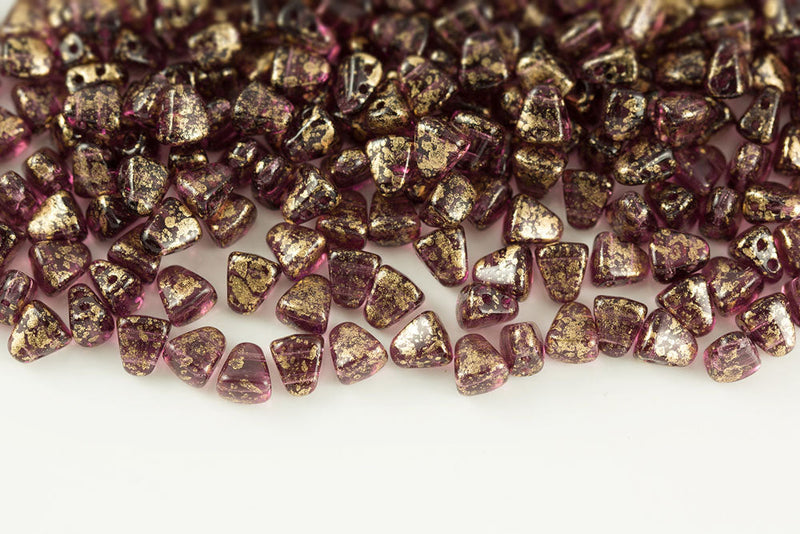 Nib-Bit 6×5mm Gold Splash Amethyst 2-Hole Czech Beads