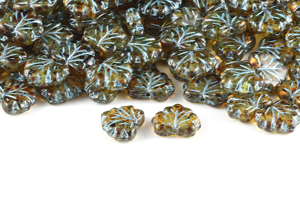 Grape Leaves 13×11mm Crystal Travertin With Blue 1-Hole Czech Beads