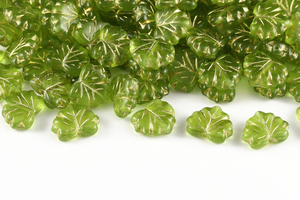 Grape Leaves 13×11mm Olivine With Gold 1-Hole Czech Beads