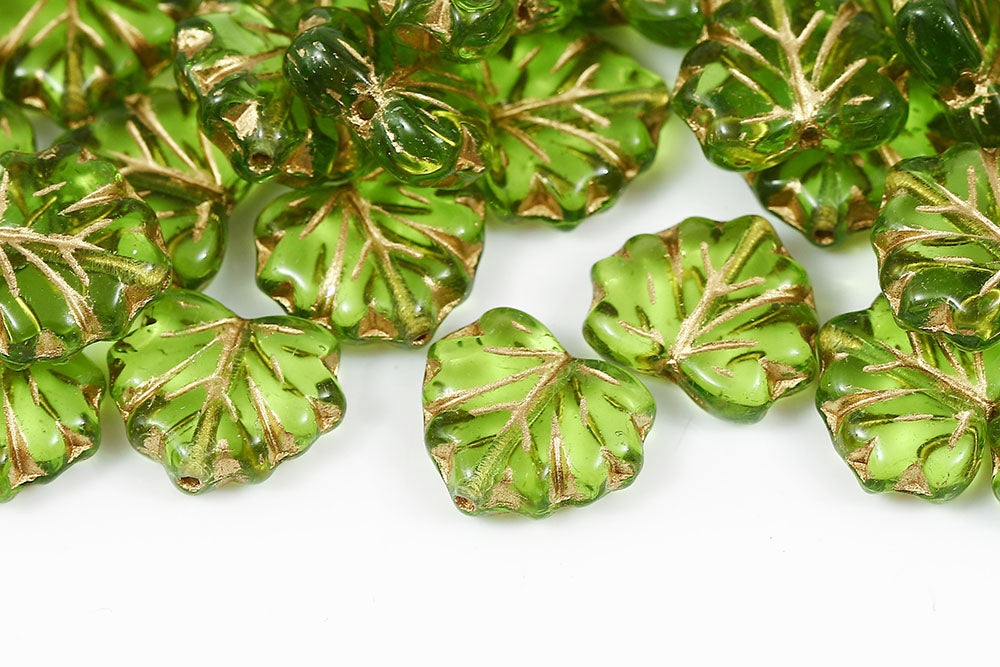 Grape Leaves 13×11mm Olivine With Gold 1-Hole Czech Beads