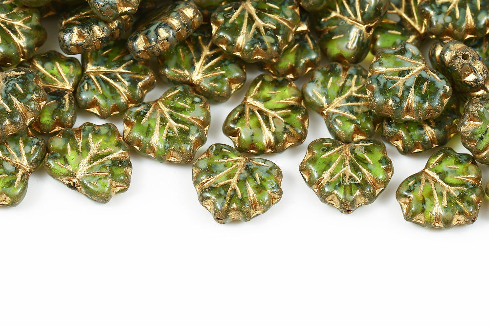 Grape Leaves 13×11mm Olivine Travertin With Gold 1-Hole Czech Beads