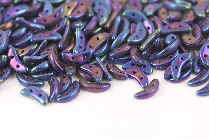 Crescent 3×10mm Jet Blue Iris 2-Hole Czech Beads