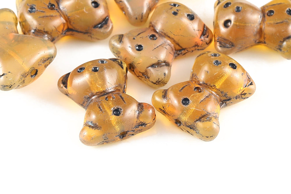 Teddy Bear 20×9mm Opal Amber With Black 1-Hole Czech Beads