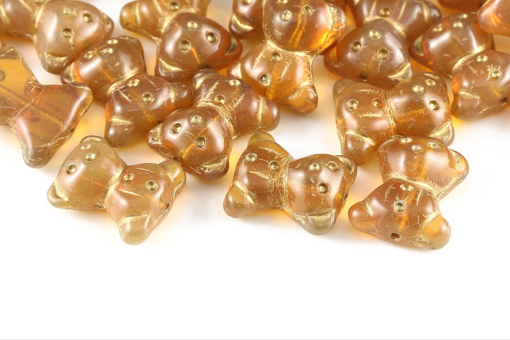 Teddy Bear 20×9mm Opal Amber With Gold 1-Hole Czech Beads