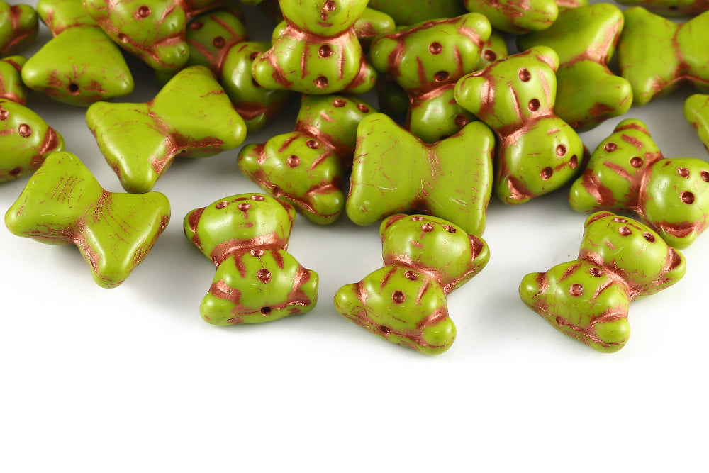 Teddy Bear 20×9mm Opaque Olivine With Antique Copper 1-Hole Czech Beads