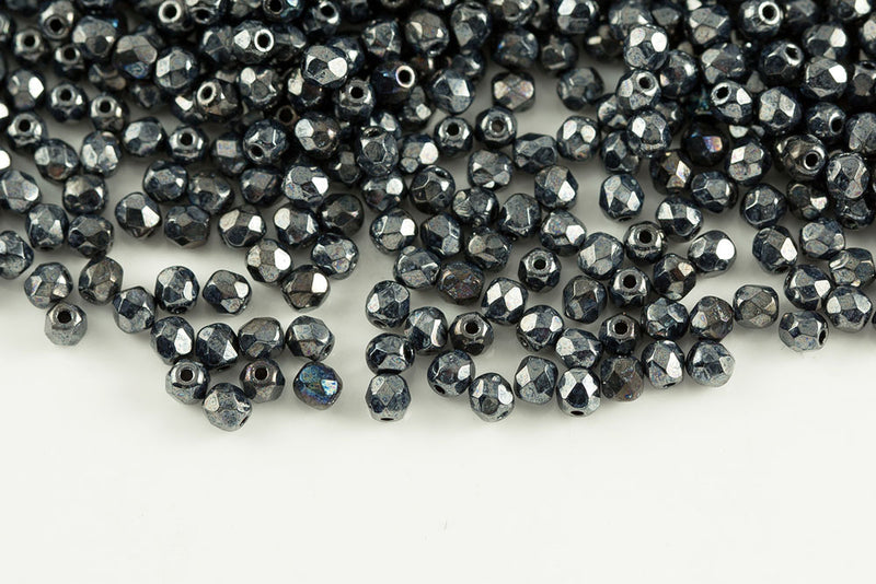 Czech Fire Polished 3mm Jet Luster Round Beads