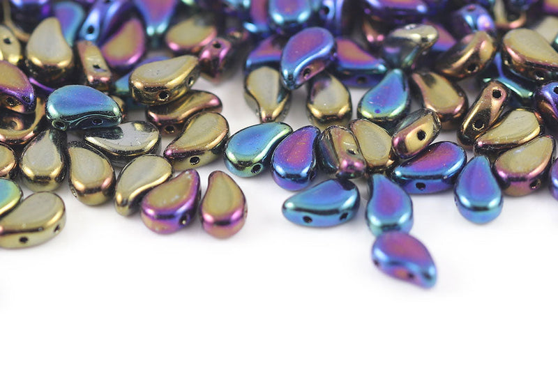 Flatduo 8×5mm Jet Rainbow Iris 2-Hole Czech Beads