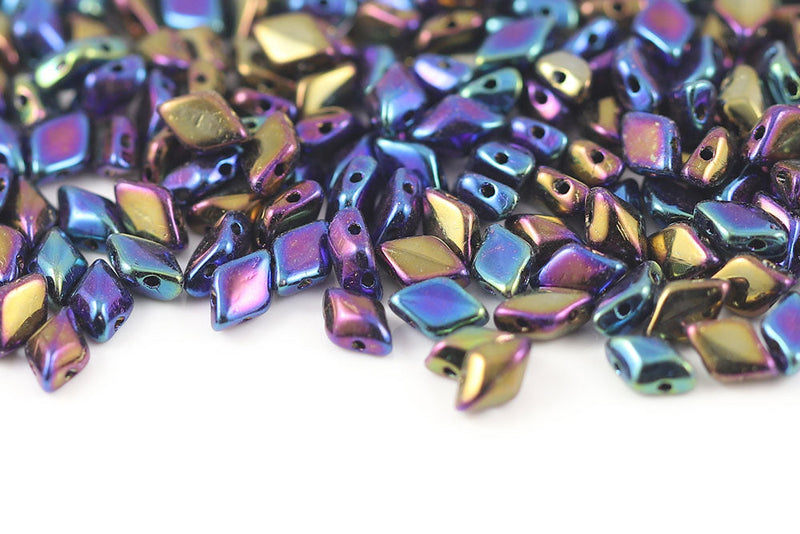 Gemduo 8×5mm Jet Rainbow Iris 2-Hole Czech Beads