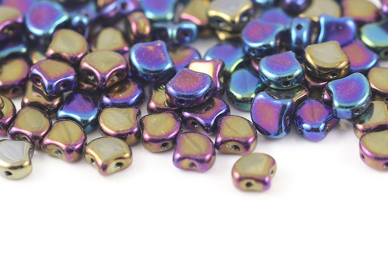 Ginko 7.5×7.5mm Jet Rainbow Iris 2-Hole Czech Beads