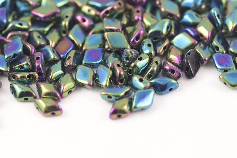 Gemduo 8×5mm Jet Green Iris 2-Hole Czech Beads