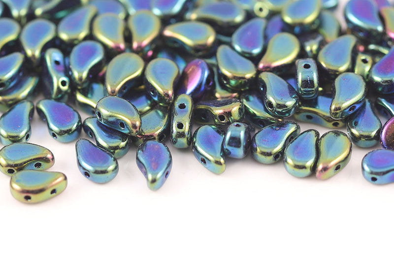 Flatduo 8×5mm Jet Green Iris 2-Hole Czech Beads