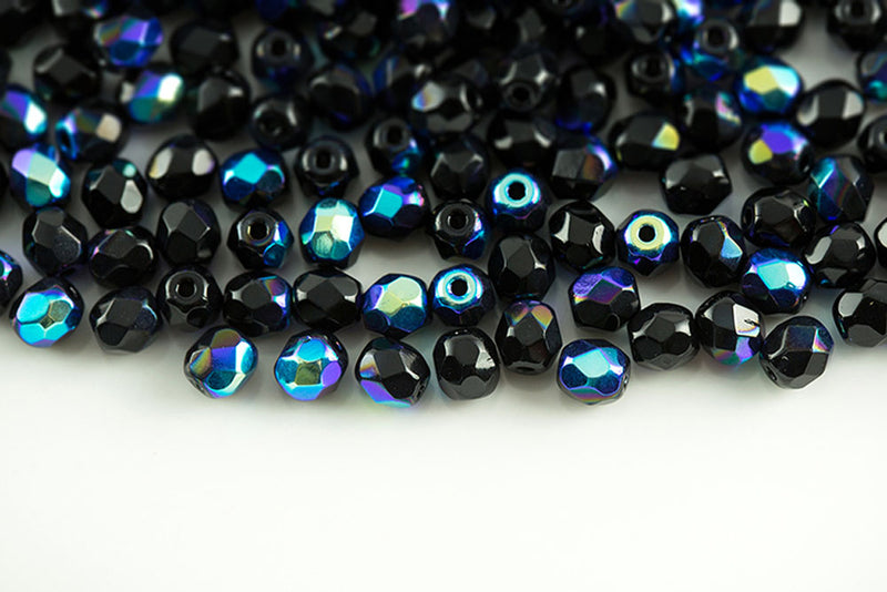 Czech Fire Polished 4mm Jet AB Round Beads