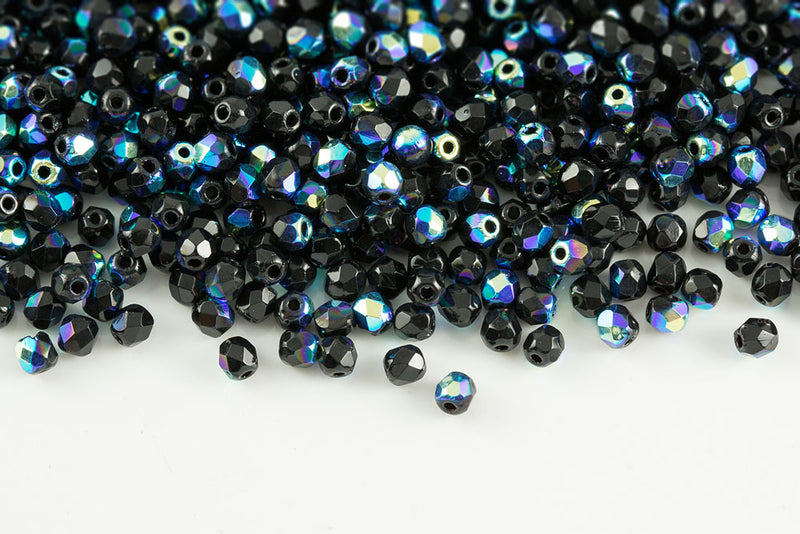 Czech Fire Polished 3mm Jet AB Round Beads