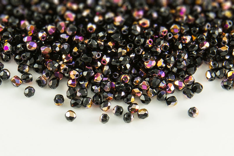 Czech Fire Polished 3mm Jet Sliperit Round Beads