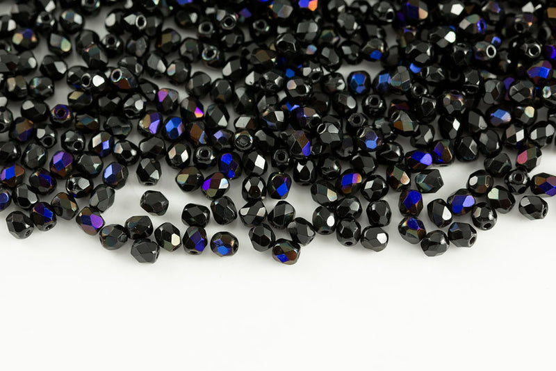 Czech Fire Polished 3mm Jet Dark Azuro Round Beads