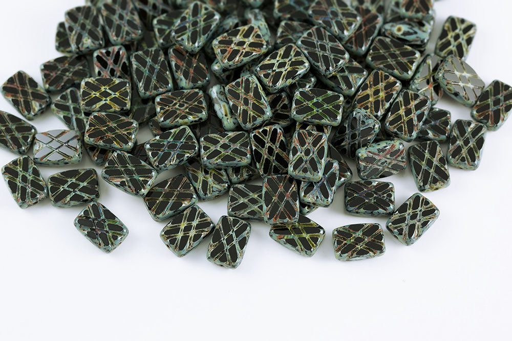 Grid Rectangle 12×8mm Black Travertin 1-Hole Czech Beads