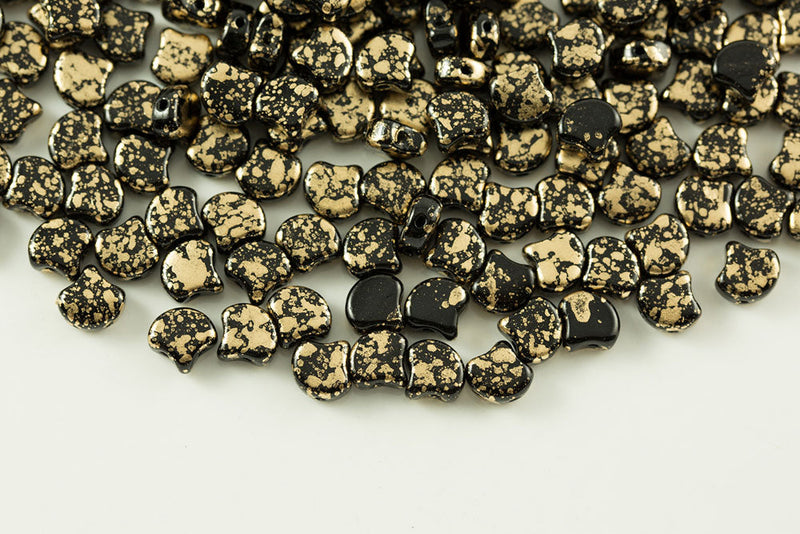 Ginko 7.5×7.5mm Gold Splash Jet 2-Hole Czech Beads