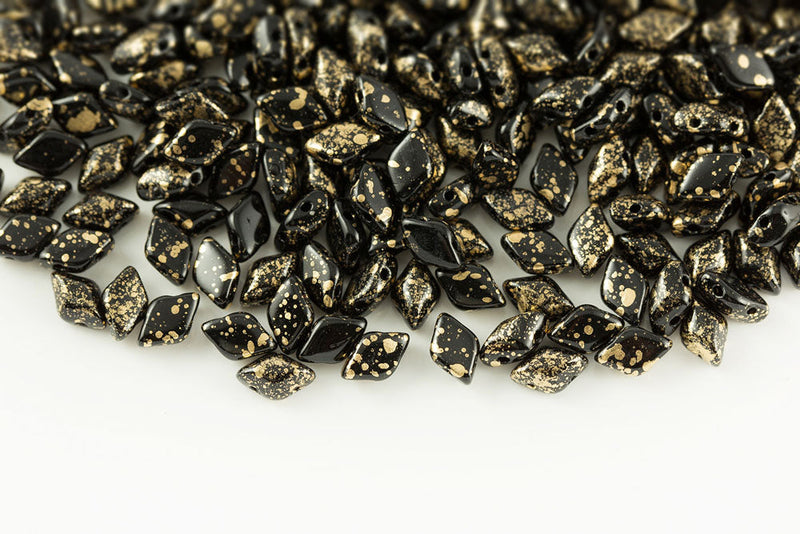 Gemduo 8×5mm Jet Gold Splash 2-Hole Czech Beads