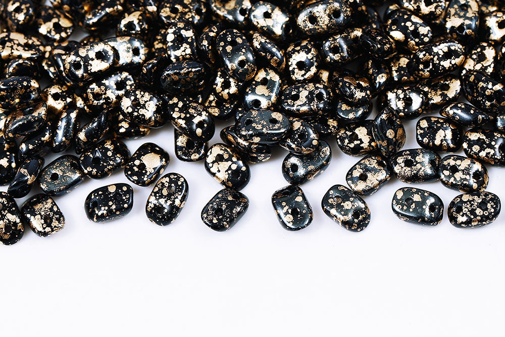 Wave 3×7mm Gold Splash Black 2-Hole Czech Beads
