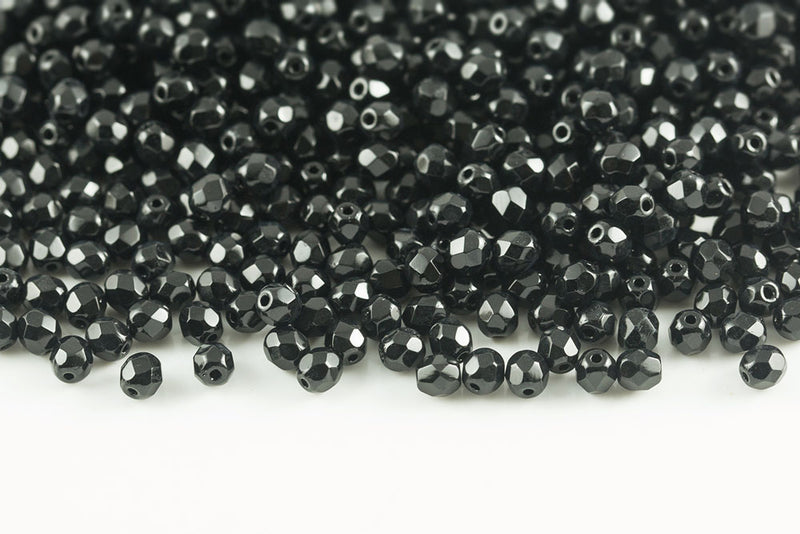 Czech Fire Polished 4mm Jet Round Beads