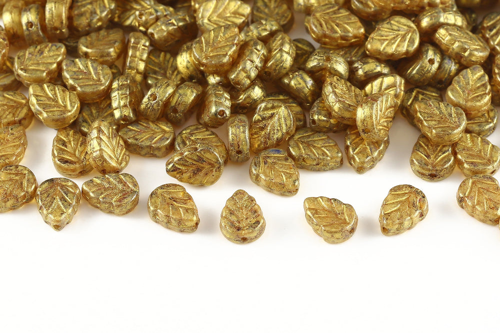 Leaves 10×8mm Crystal Amber Marble 1-Hole Czech Beads