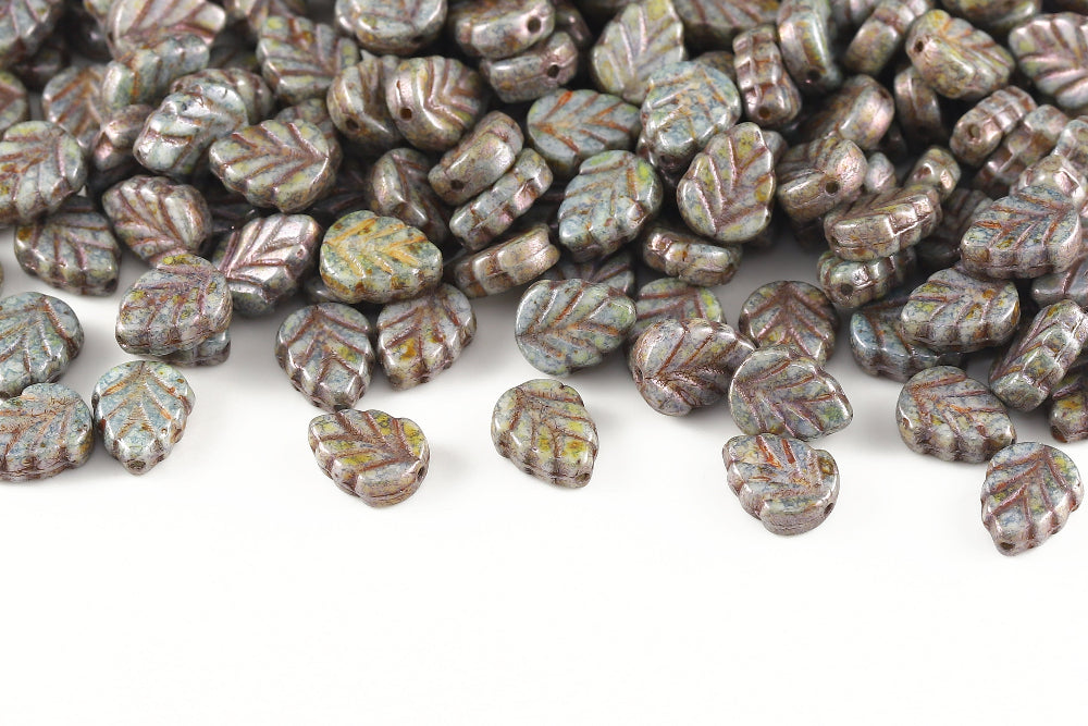 Leaves 10×8mm Chalk Travertin Mottled Colors 1-Hole Czech Beads