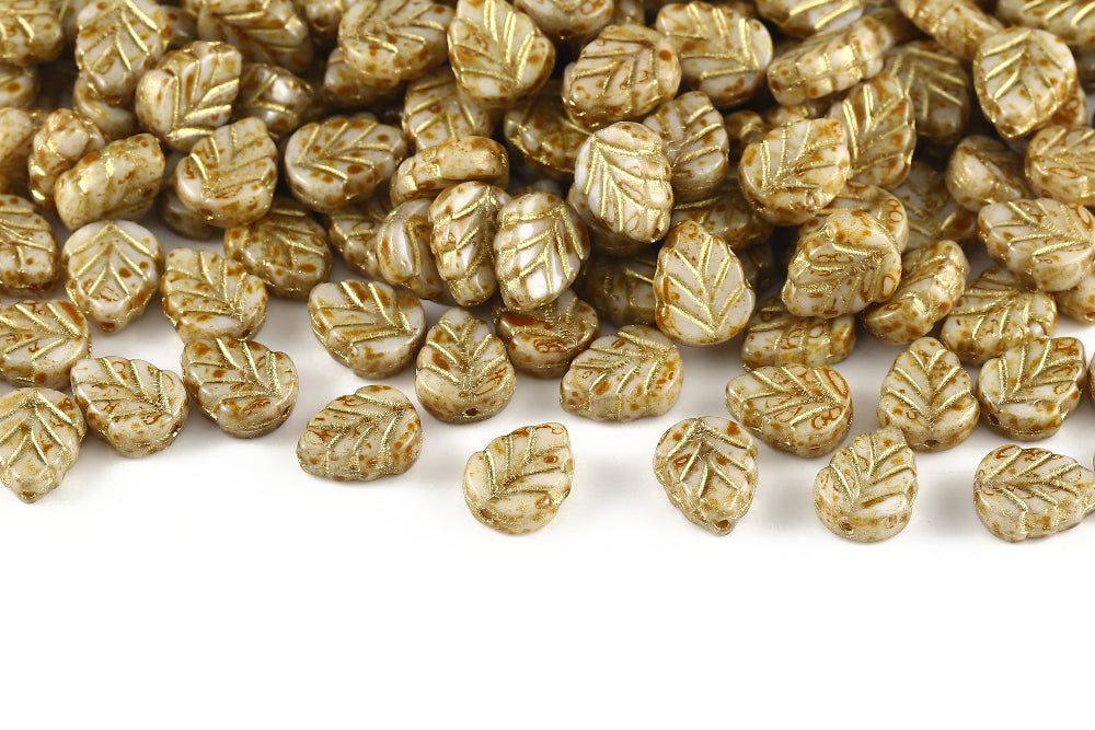 Leaves 10×8mm Chalk Travertin With Gold 1-Hole Czech Beads