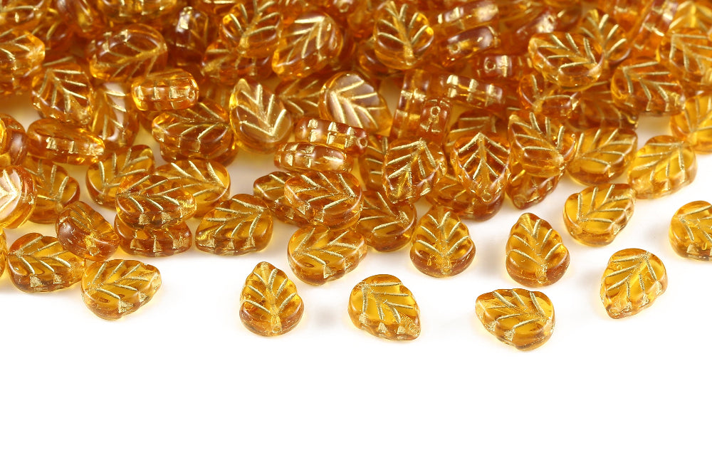 Leaves 10×8mm Topaz With Gold 1-Hole Czech Beads