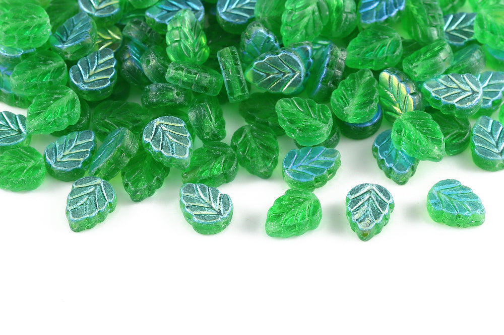 Leaves 10×8mm Crystal Green AB 1-Hole Czech Beads