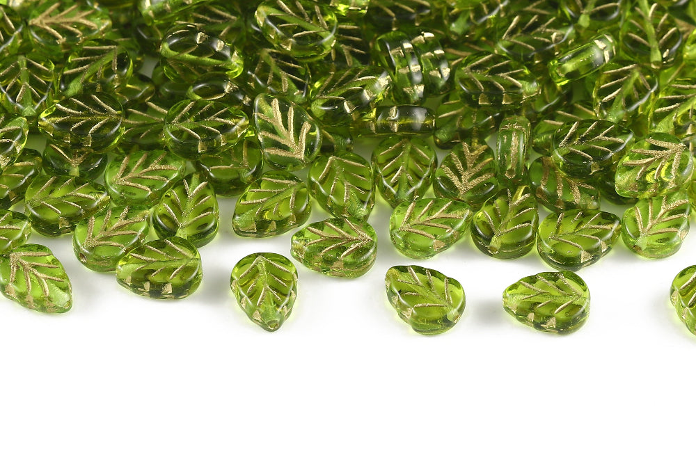 Leaves 10×8mm Olivine Dark With Gold 1-Hole Czech Beads