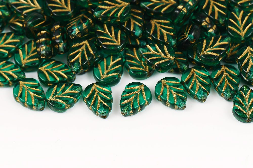 Leaves 10×8mm Crystal Green Drak With Gold 1-Hole Czech Beads