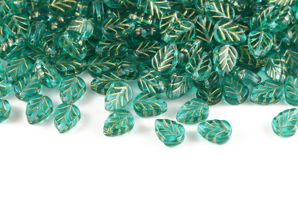 Leaves 10×8mm Crystal Blue With Gold 1-Hole Czech Beads