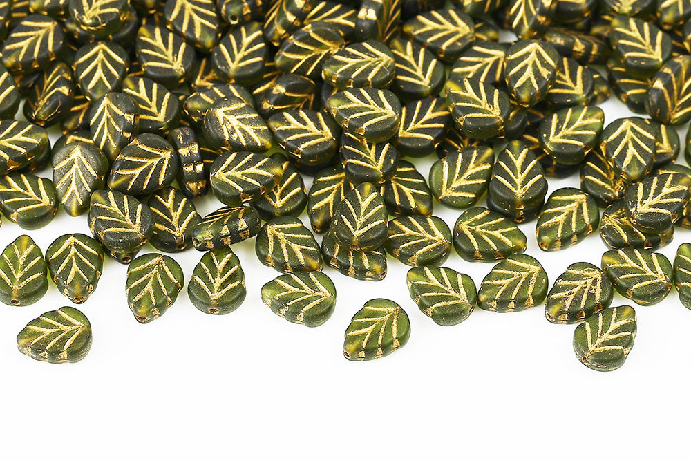 Leaves 10×8mm Olivine Matt With Gold 1-Hole Czech Beads