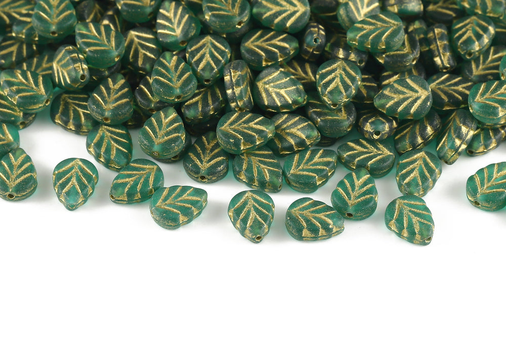 Leaves 10×8mm Crystal Green Drak With Gold Matt 1-Hole Czech Beads