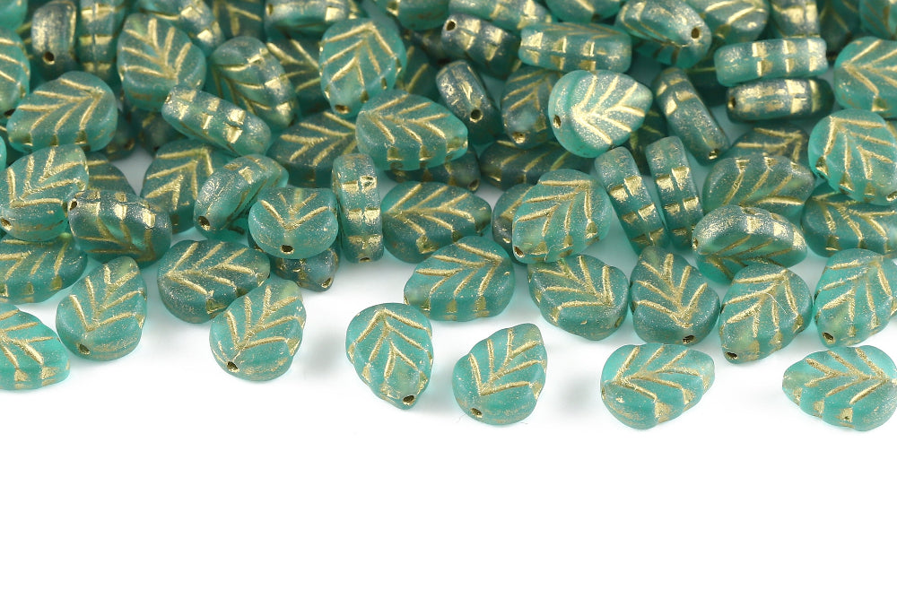 Leaves 10×8mm Crystal Blue With Gold Matt 1-Hole Czech Beads