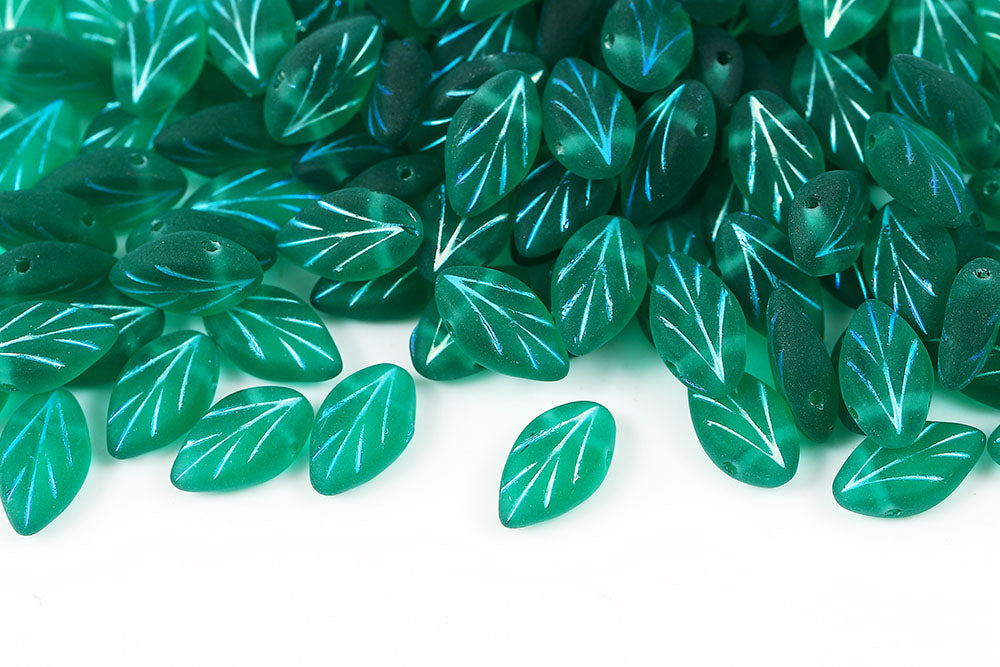 Beech Leaf 11×7mm Emerald AB Full Matt 1-Hole Czech Beads