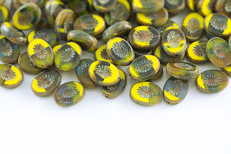 Kiwi 14×10mm Yellow Sapphire Mixed Travertin 1-Hole Czech Beads