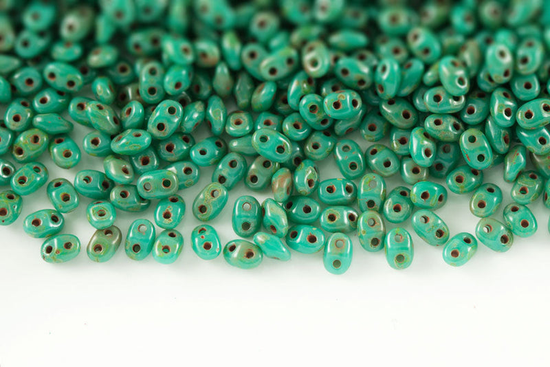 Miniduo 2×4mm Turquoise Green Travertin Dark 2-Hole Czech Beads
