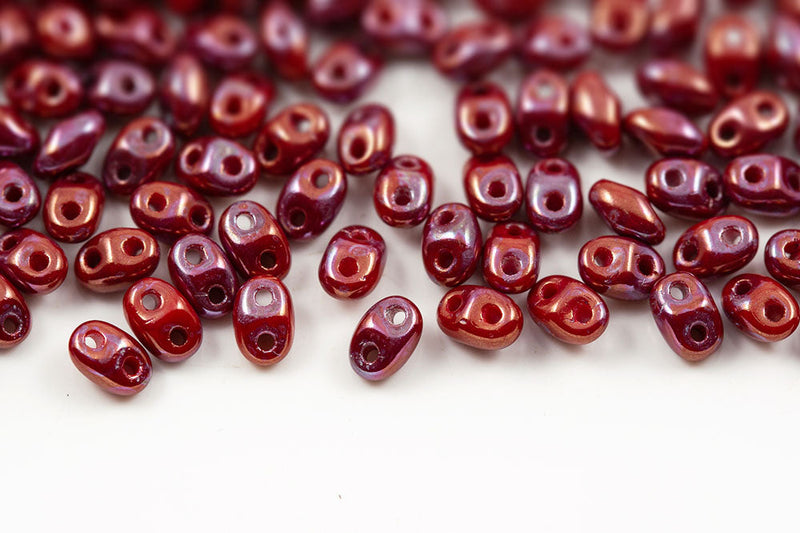 Miniduo 2×4mm Opaque Coral Red Nebula 2-Hole Czech Beads