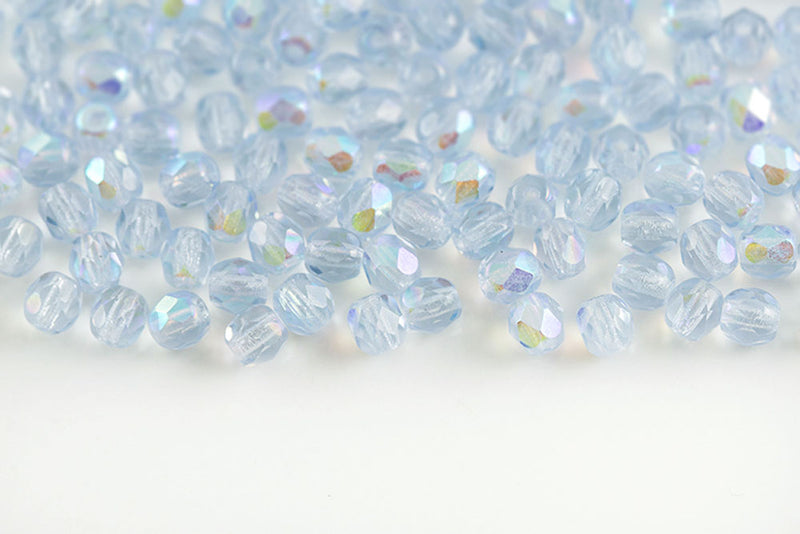Czech Fire Polished 4mm Lt.Sapphire AB Round Beads