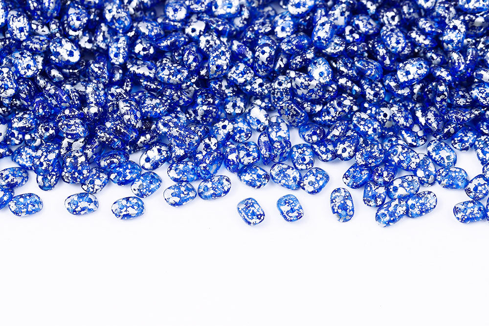 Wave 3×7mm Silver Splash Sapphire 2-Hole Czech Beads