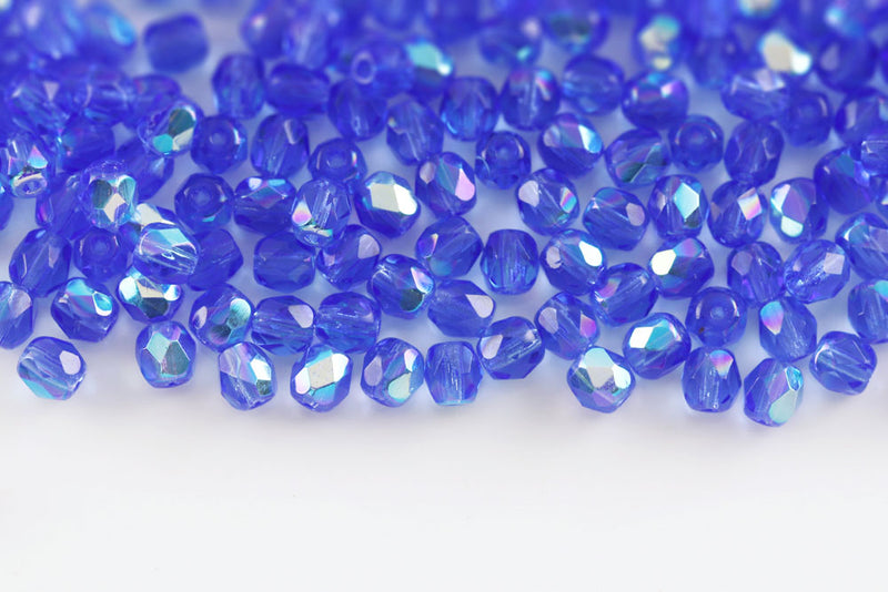 Czech Fire Polished 4mm Sapphire AB Round Beads