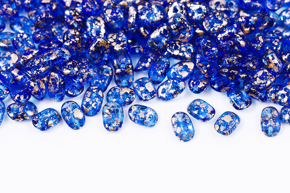 Wave 3×7mm Gold Splash Sapphire 2-Hole Czech Beads