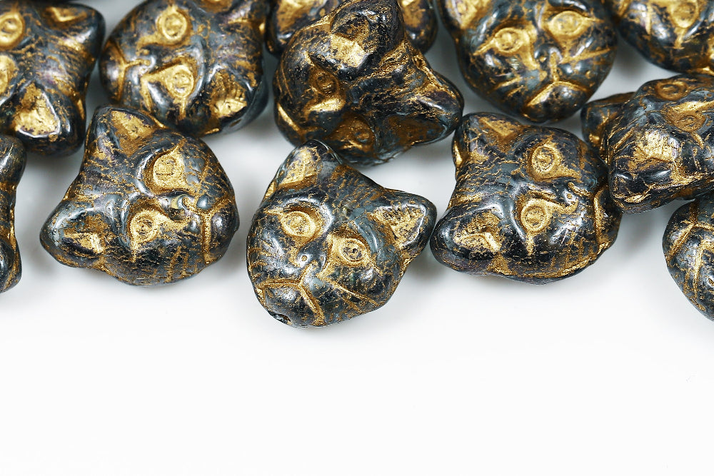 Cat Head 13mm Crystal Blue Luster With Gold 1-Hole Czech Beads