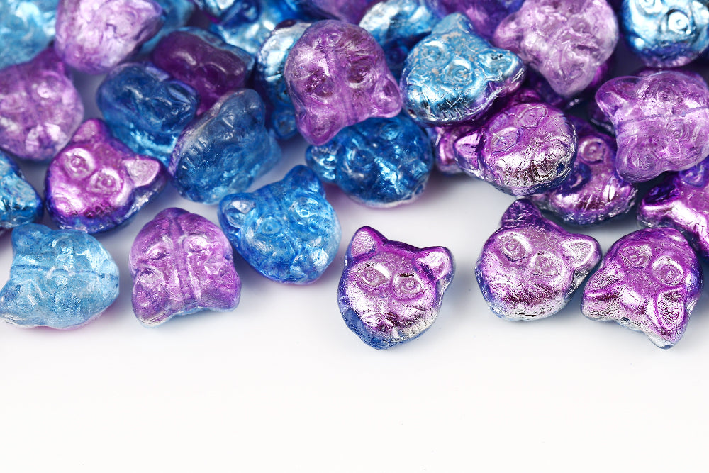Cat Head 13mm Crystal Blue Purple AB Full 1-Hole Czech Beads