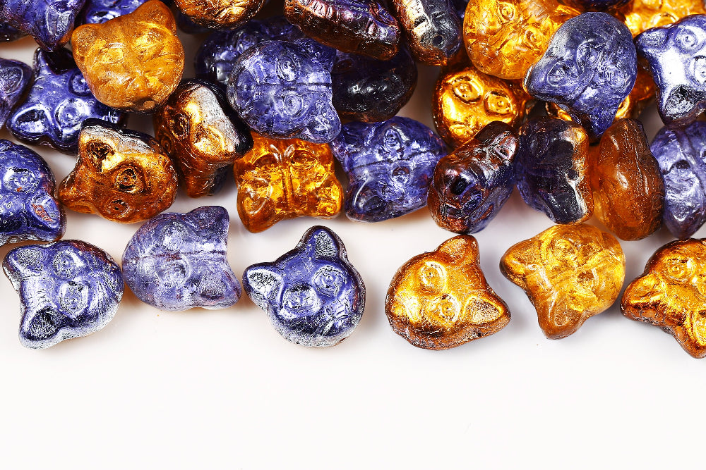 Cat Head 13mm Crystal Blue Yellow AB Full 1-Hole Czech Beads