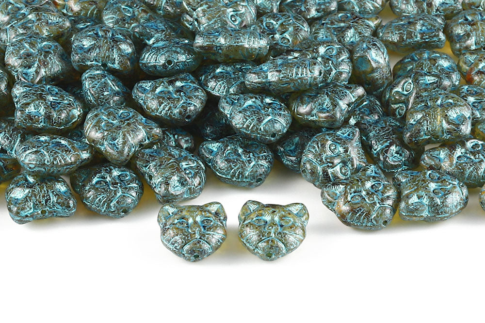 Cat Head 13mm Crystal Travertin With Blue 1-Hole Czech Beads